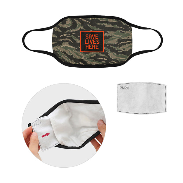 PMH Save Lives Here Face Mask Tiger Camo Print (2 Carbon Filters Included) - Place Money Here