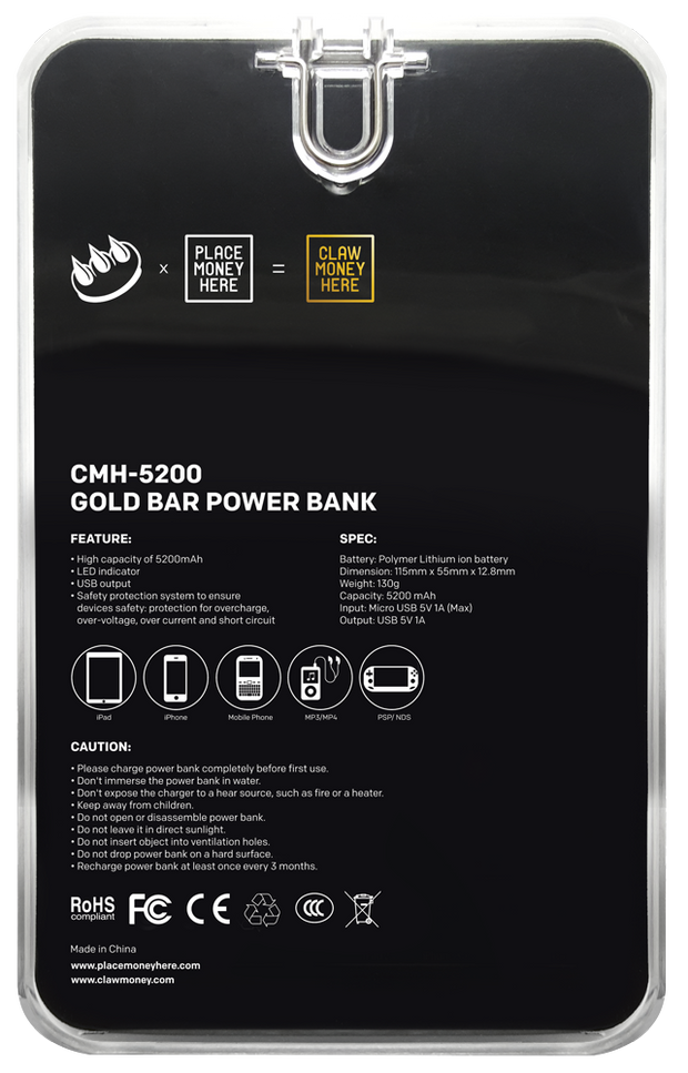 ClawMoneyHere Gold Bar Power Bank - Place Money Here